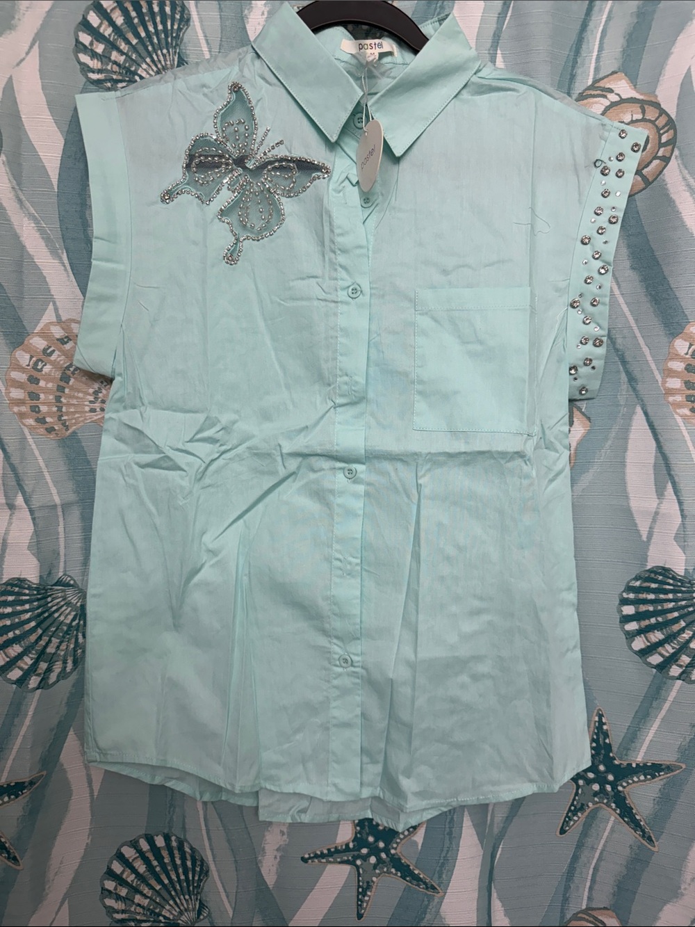 Pastels Mint Butterfly Embellished Button-Up Blouse